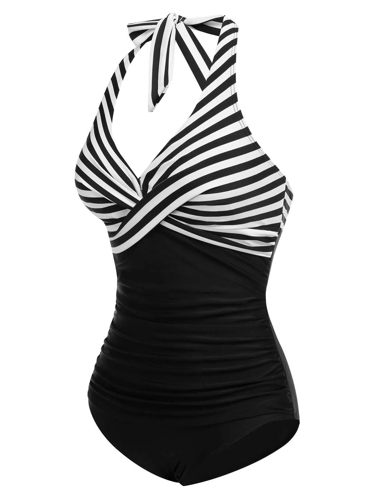 1950s Halter Stripes Floral One-Piece Swimsuit