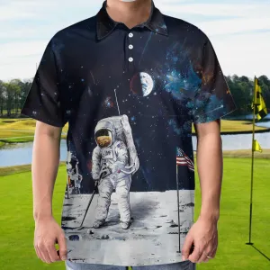 Astronaut Moon Golf Short Sleeve Polo Shirt For Golf, American Flag Polo Shirt, Best Golf Shirt For Men Coolspod