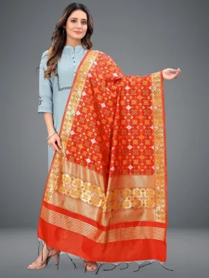 Attractive Red Colored Jacquard Banarasi Dupatta For Women