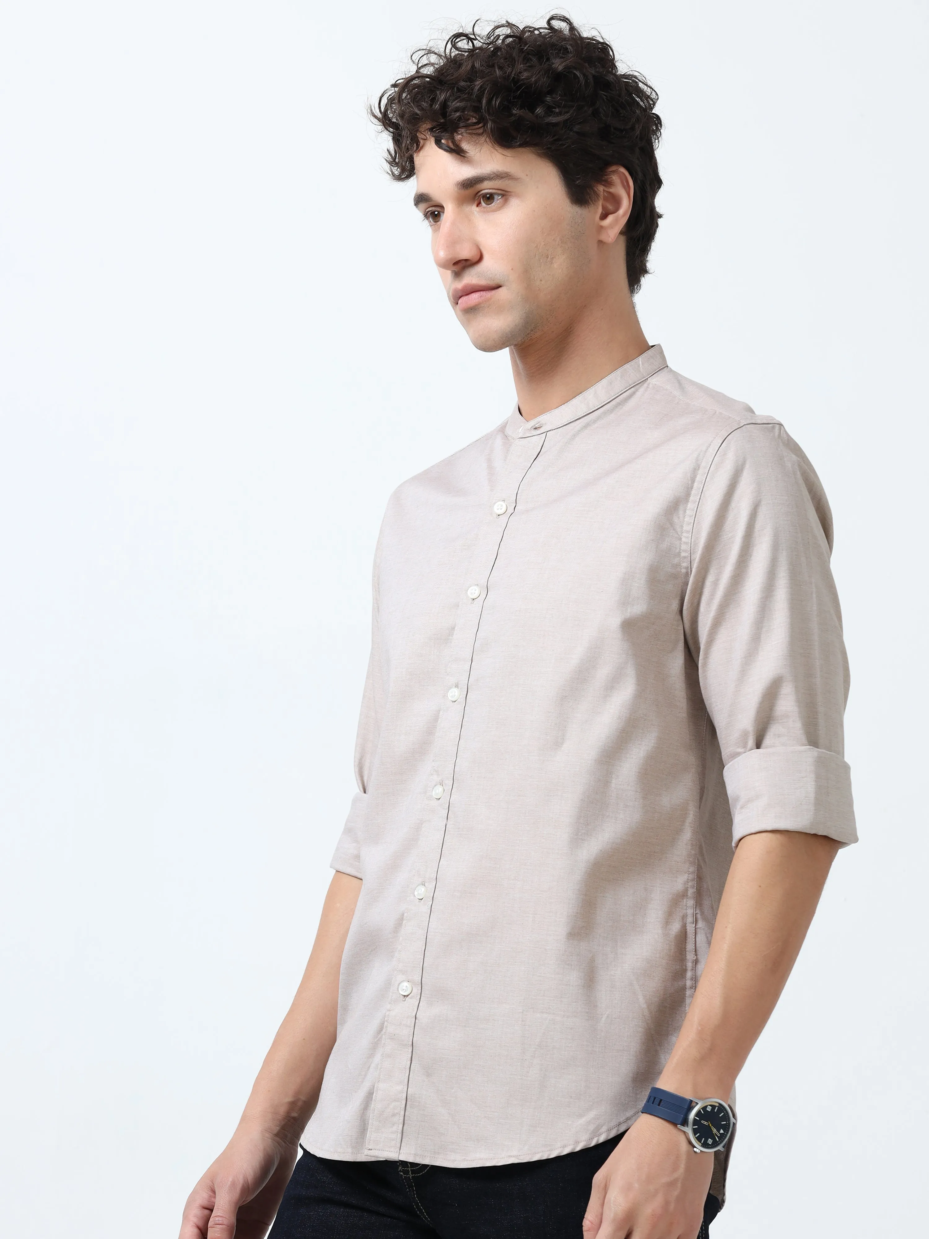 Beckett - Chinese Neck Plain Shirt - Sand Gray