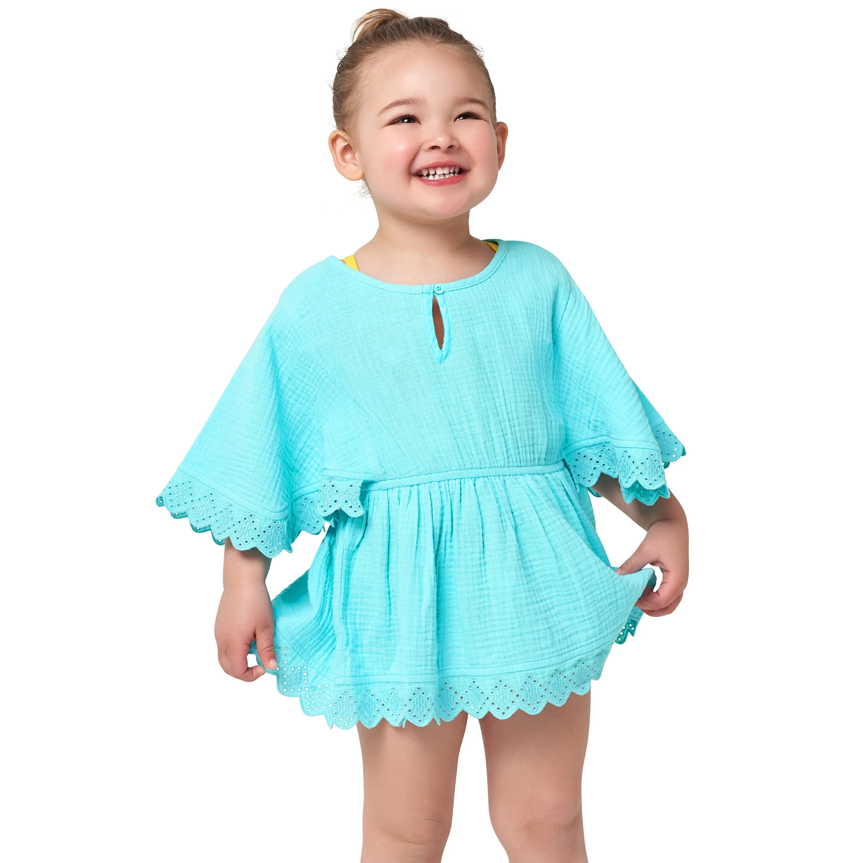 Embroidered Baby & Toddler Girls Aqua Gauze Kaftan Swim Coverup