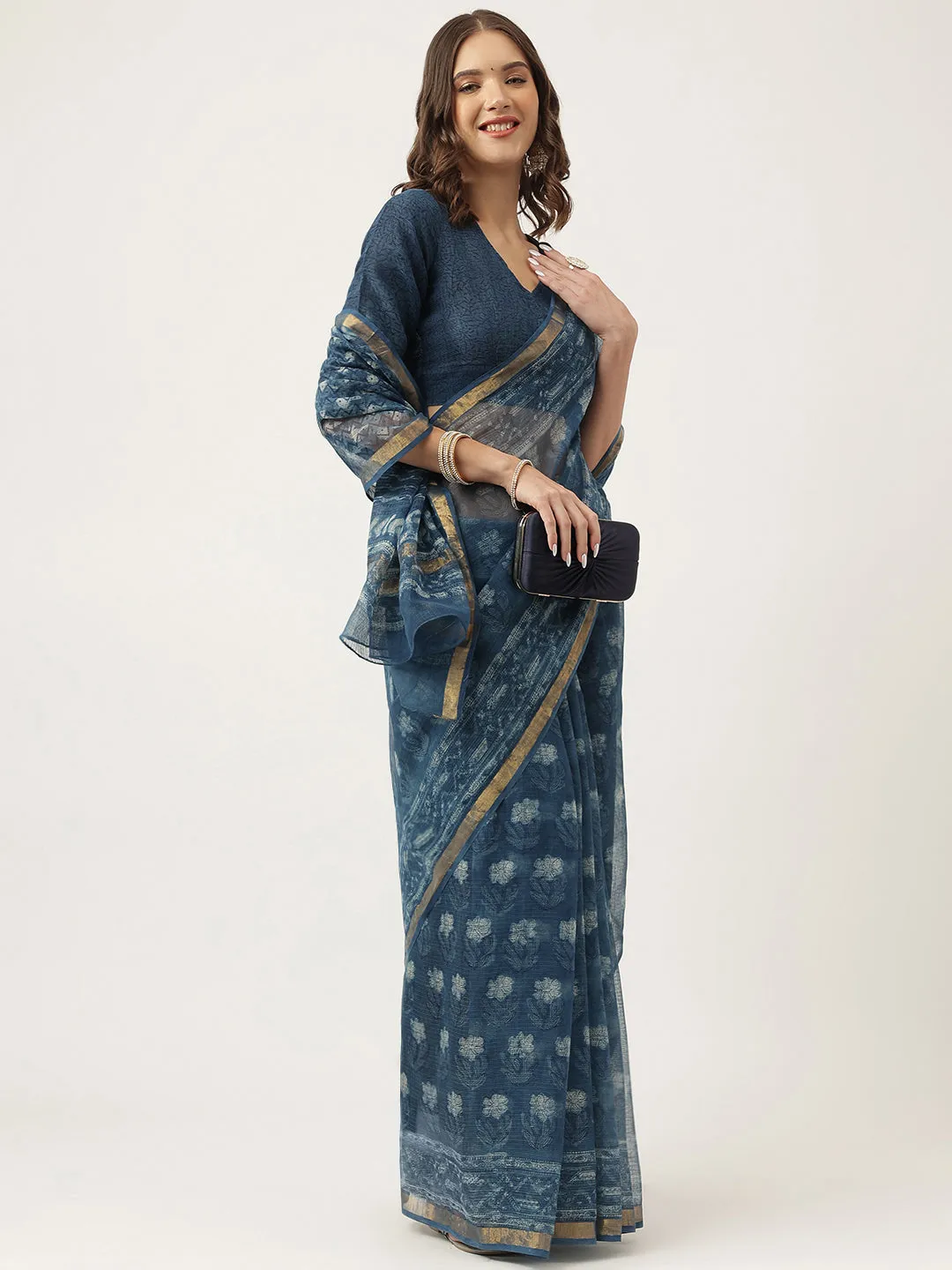 Indigo Blue Hand Block Kota Doria Saree