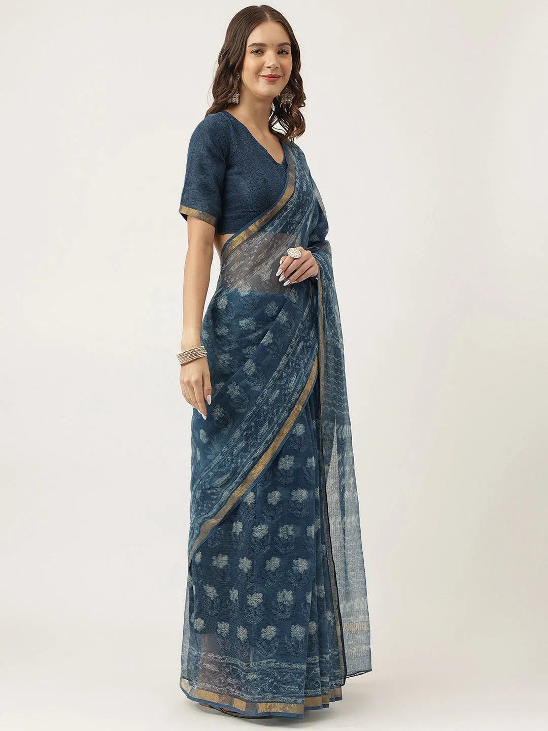 Indigo Blue Hand Block Kota Doria Saree