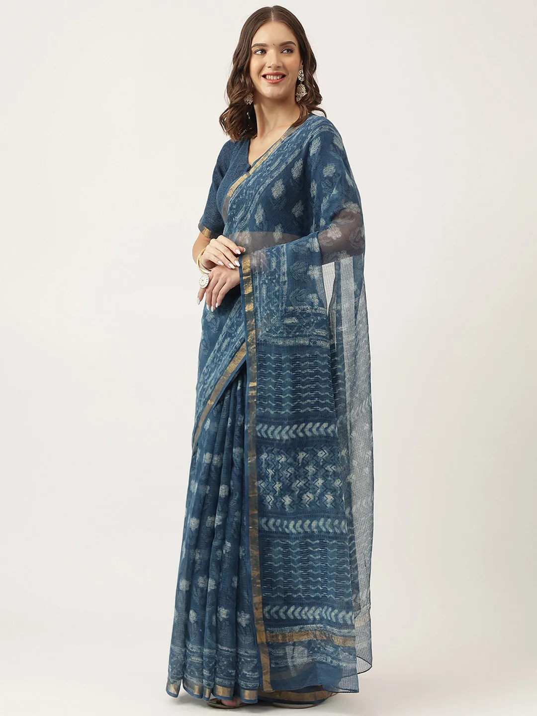 Indigo Blue Hand Block Kota Doria Saree