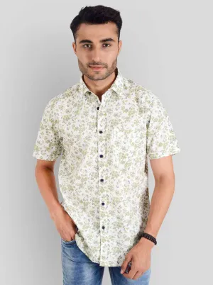 Lake Green & White Printed Slim Fit Casual Shirt | JadeBlue