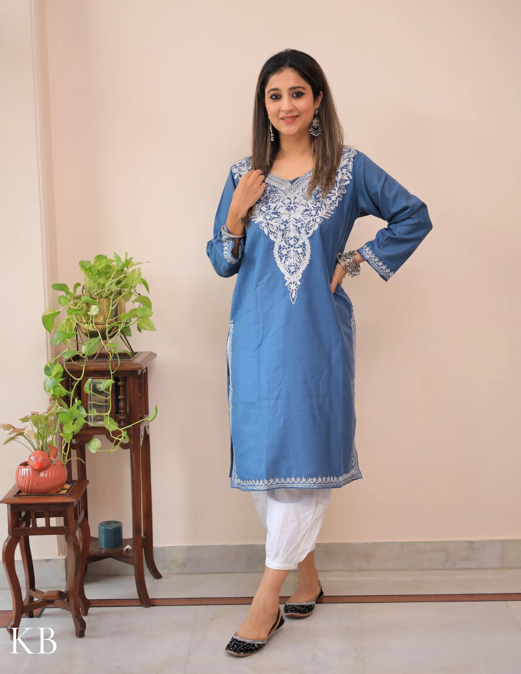 Light Blue Zari Embroidered Cotton Kurti