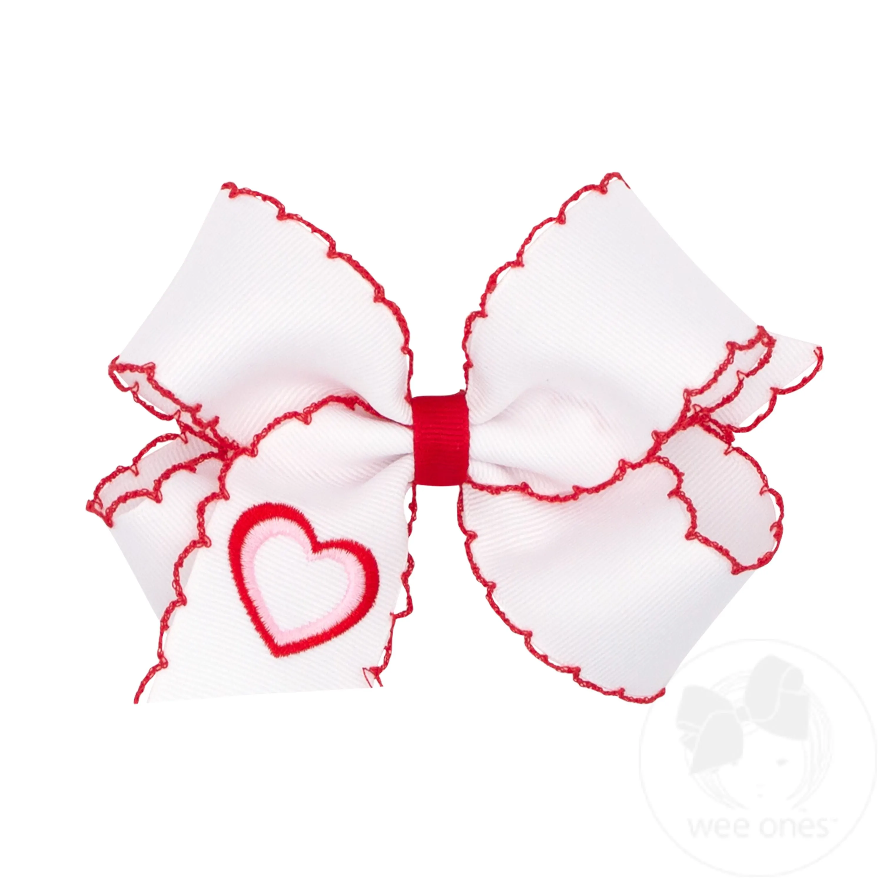 Medium Heart Embroidered Grosgrain Hair Bow with Moonstitch Edge