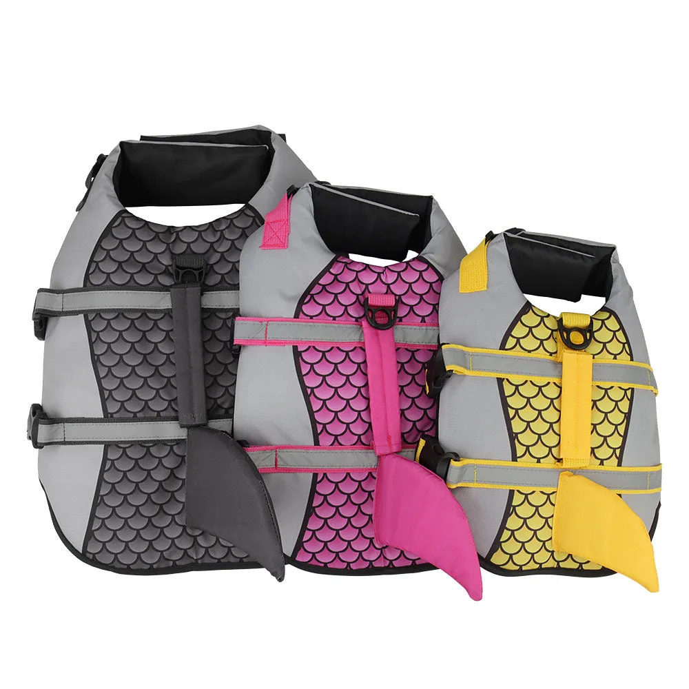 Pet Dog Life Jacket Vest Clothes Collar Harness Summer Swimwear Scales Shark Fin