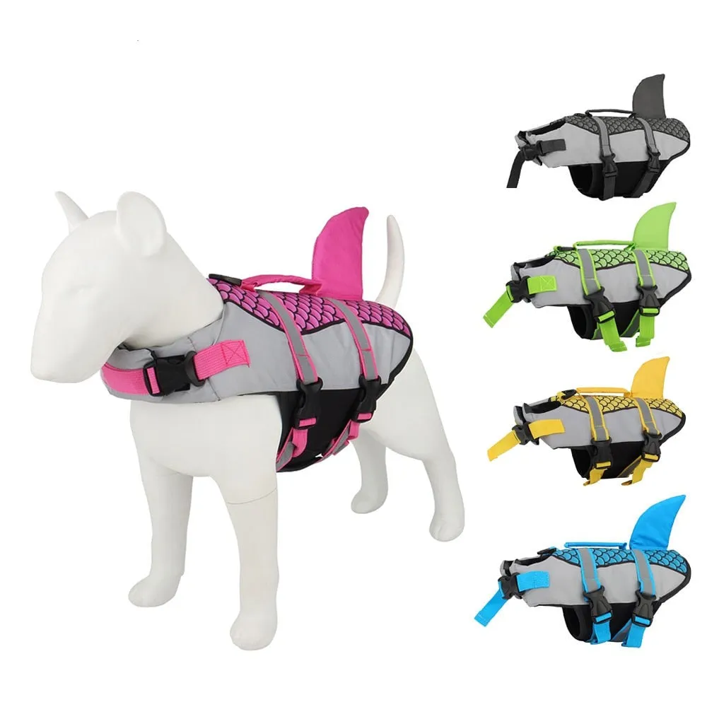 Pet Dog Life Jacket Vest Clothes Collar Harness Summer Swimwear Scales Shark Fin