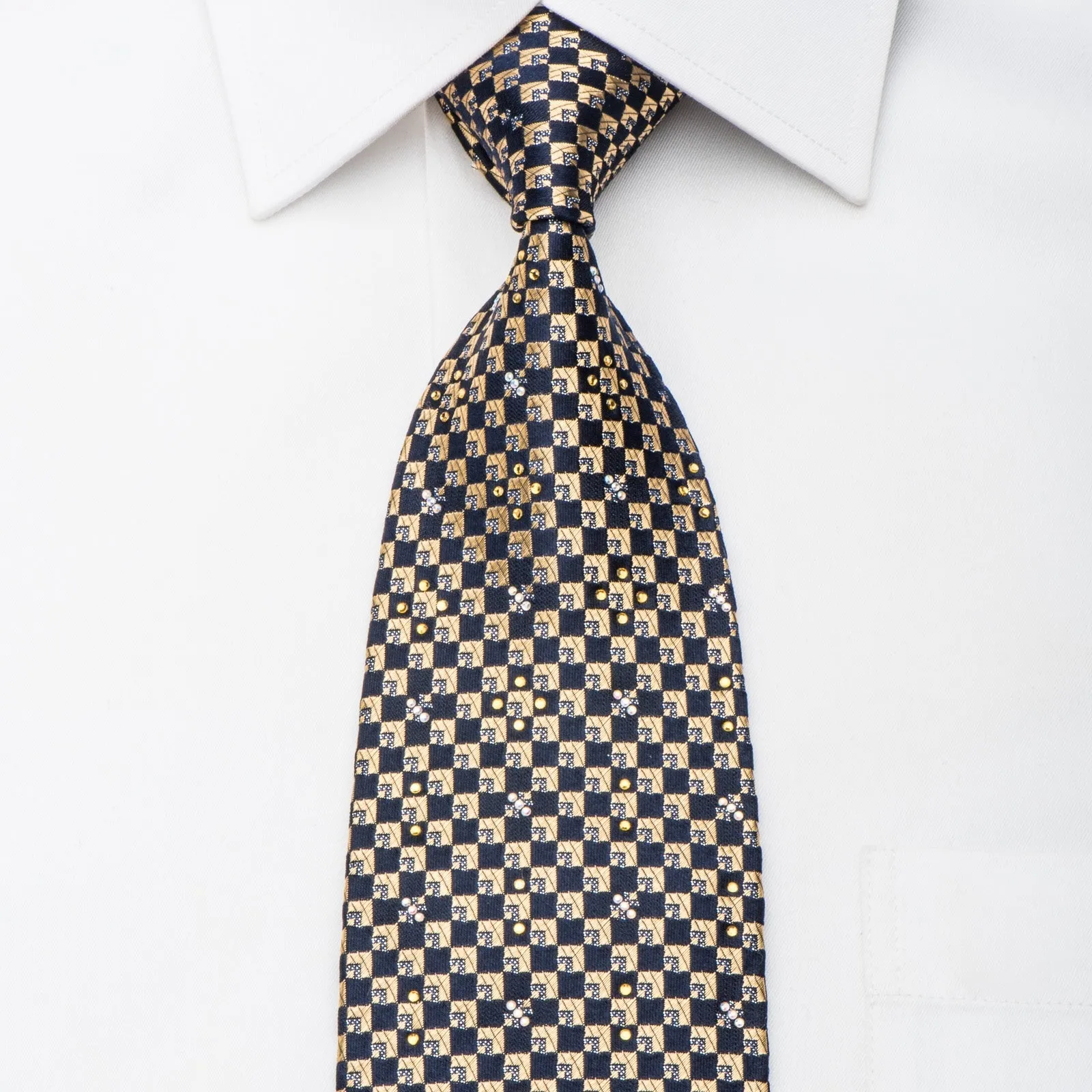 Renoma Mens Rhinestone Tie Gold Navy Checkered Silk With Silver Sparkles