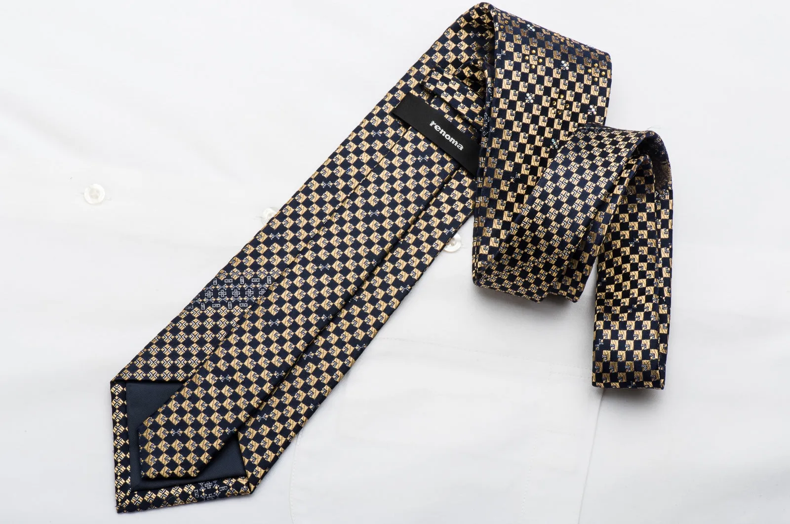 Renoma Mens Rhinestone Tie Gold Navy Checkered Silk With Silver Sparkles