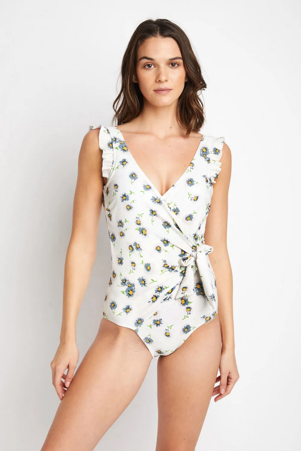 Ruffle Faux Wrap One-Piece in Daisy Cream