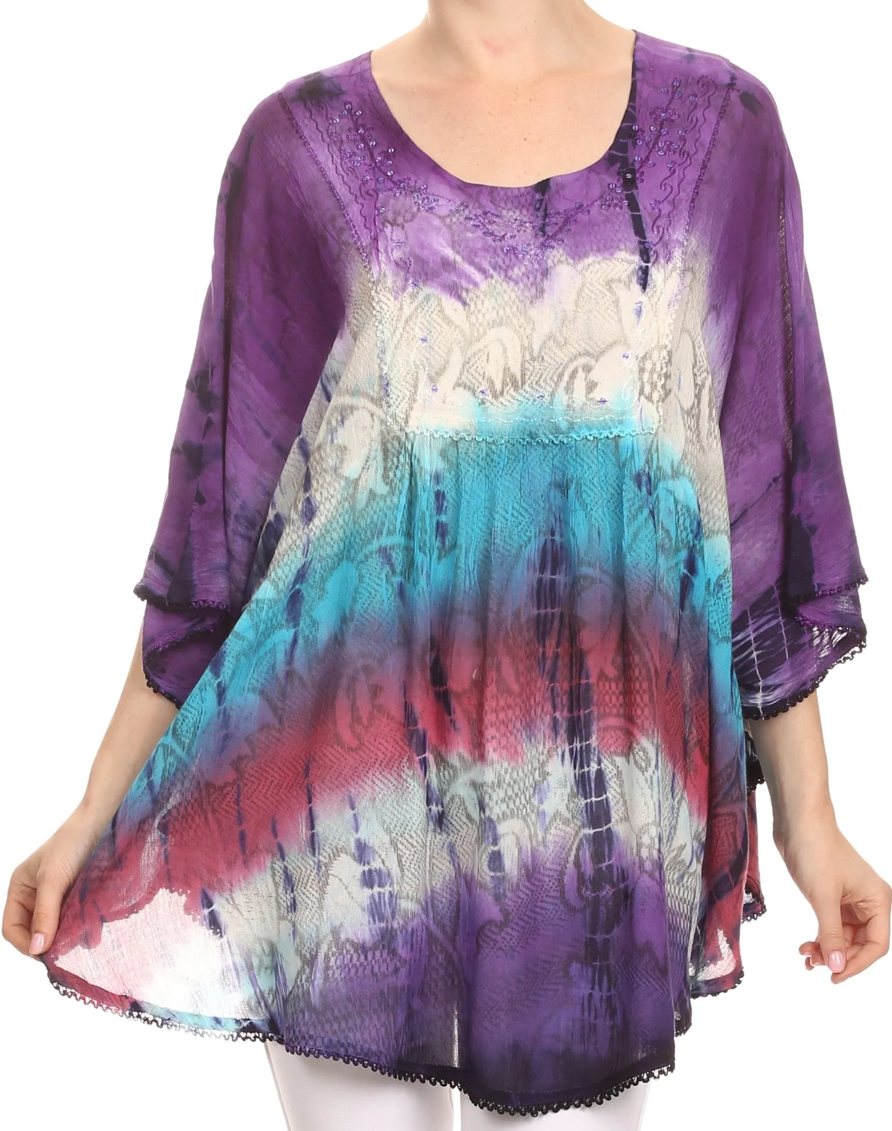 Sakkas Ellesa Ombre Tie Dye Circle Poncho Blouse Shirt Top With Sequin Embroidery