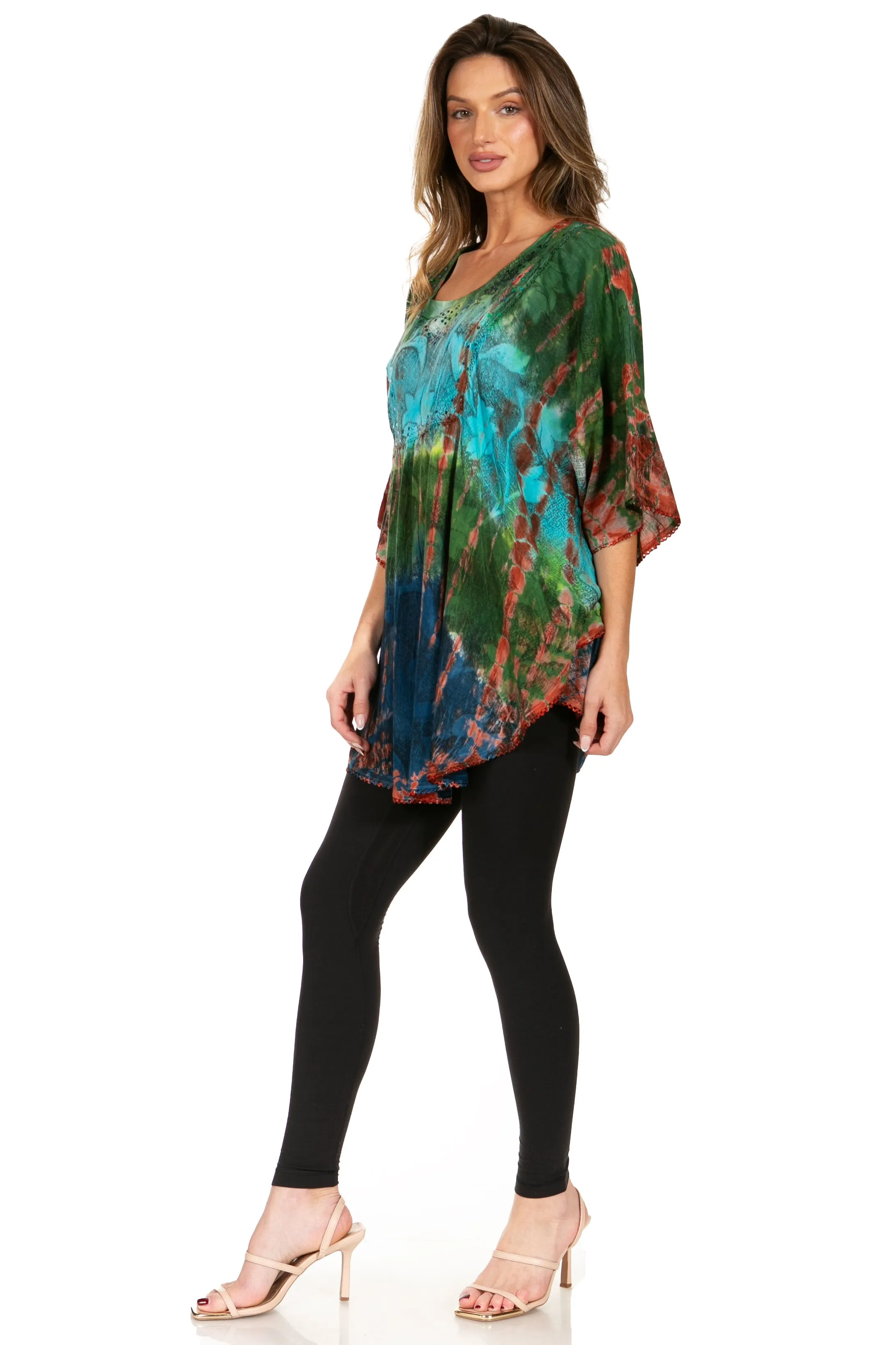 Sakkas Ellesa Ombre Tie Dye Circle Poncho Blouse Shirt Top With Sequin Embroidery