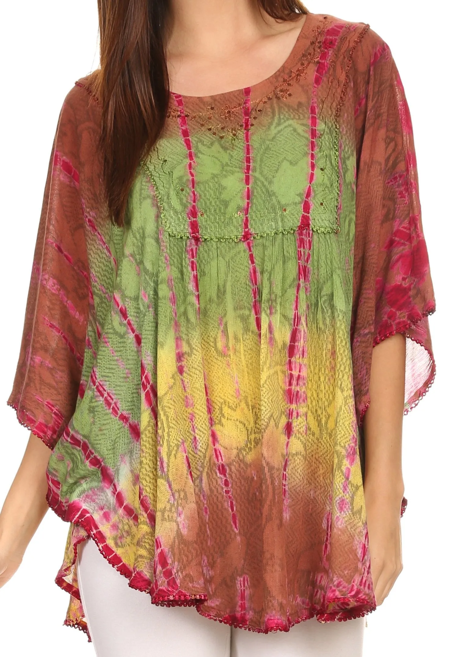 Sakkas Ellesa Ombre Tie Dye Circle Poncho Blouse Shirt Top With Sequin Embroidery