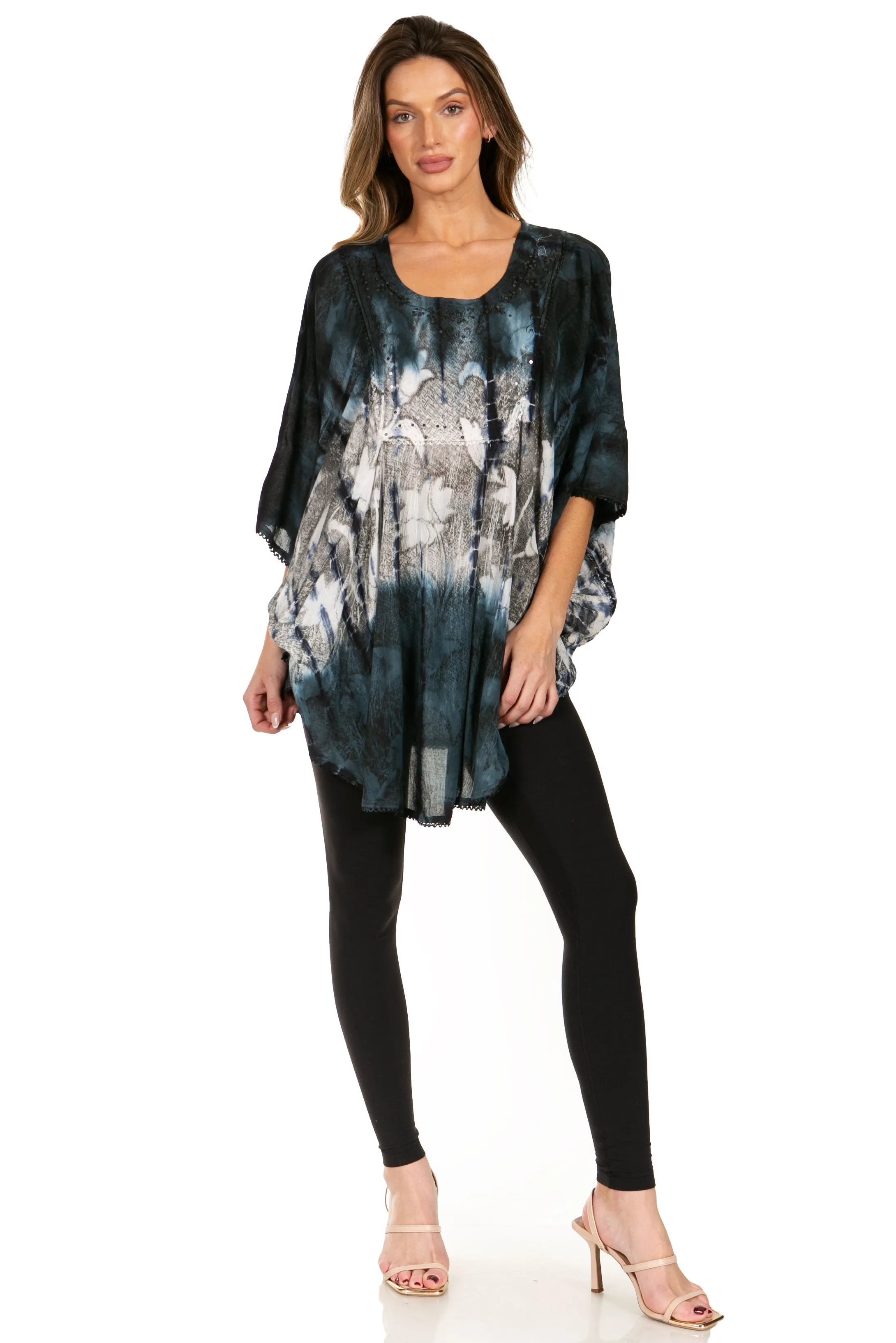 Sakkas Ellesa Ombre Tie Dye Circle Poncho Blouse Shirt Top With Sequin Embroidery