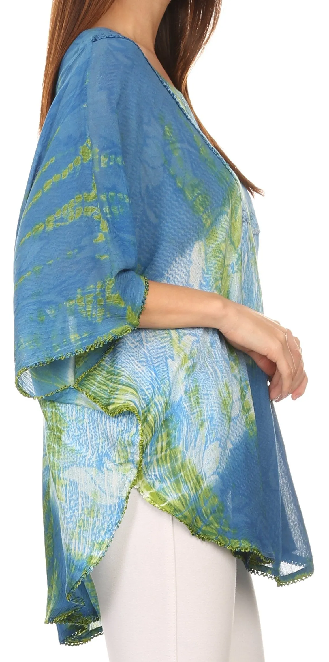 Sakkas Ellesa Ombre Tie Dye Circle Poncho Blouse Shirt Top With Sequin Embroidery