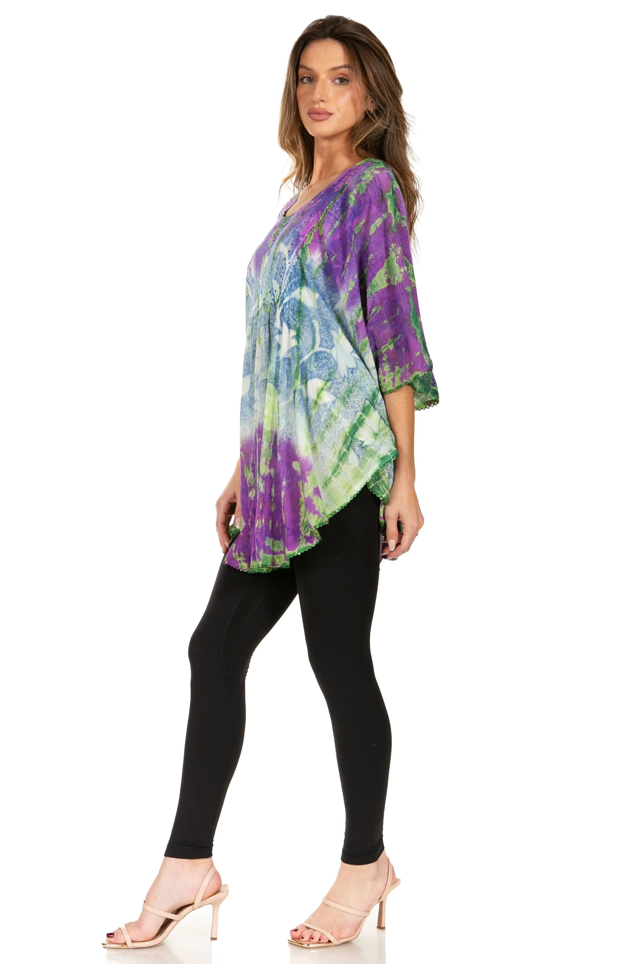 Sakkas Ellesa Ombre Tie Dye Circle Poncho Blouse Shirt Top With Sequin Embroidery