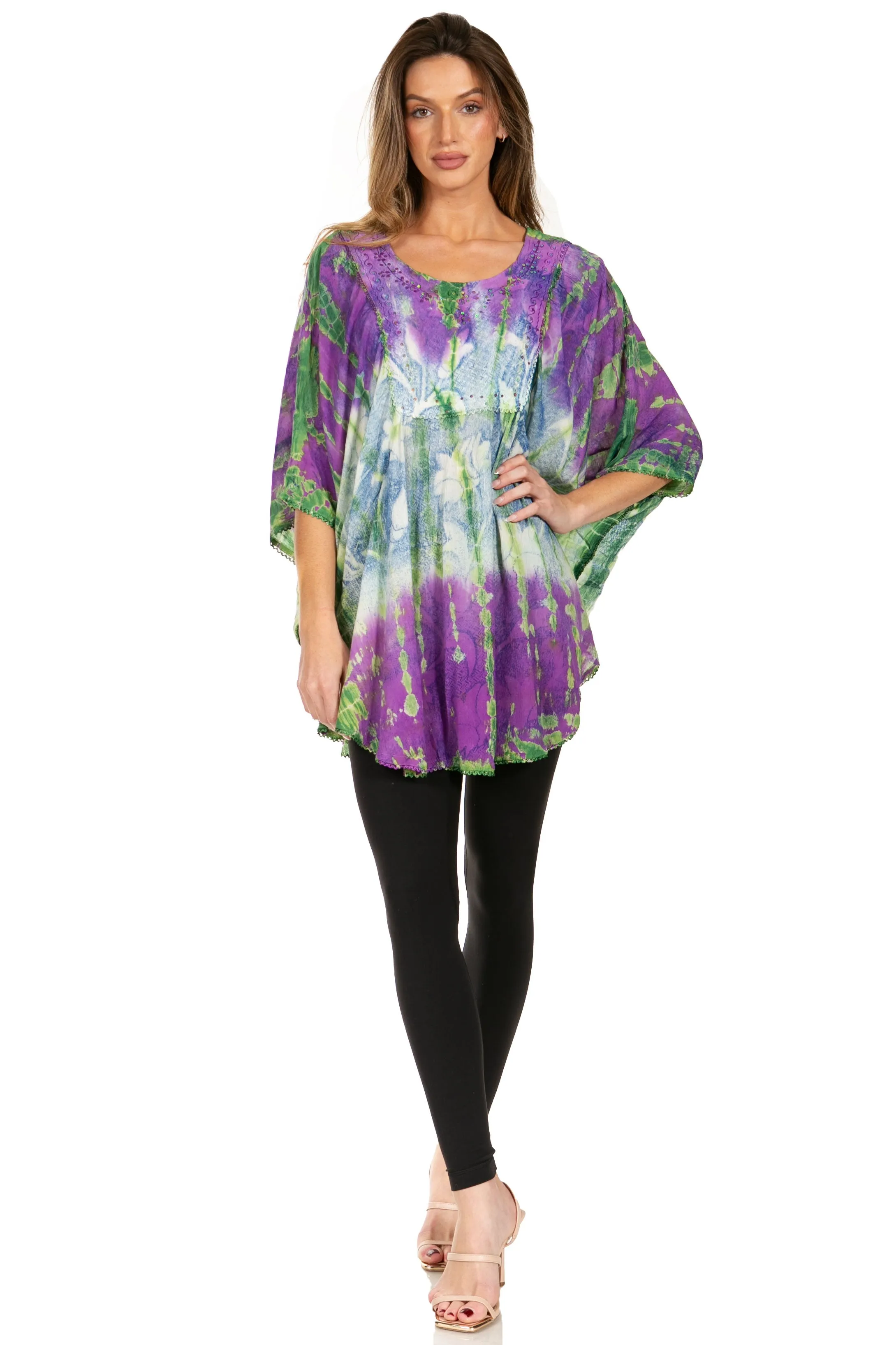 Sakkas Ellesa Ombre Tie Dye Circle Poncho Blouse Shirt Top With Sequin Embroidery