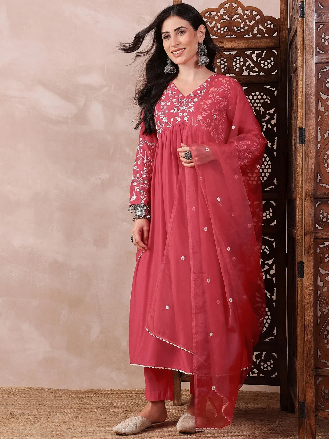 Women Red Cotton Blend Solid Embroidered A-Line Kurta Trouser With Dupatta