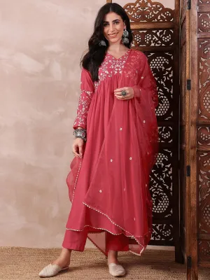 Women Red Cotton Blend Solid Embroidered A-Line Kurta Trouser With Dupatta