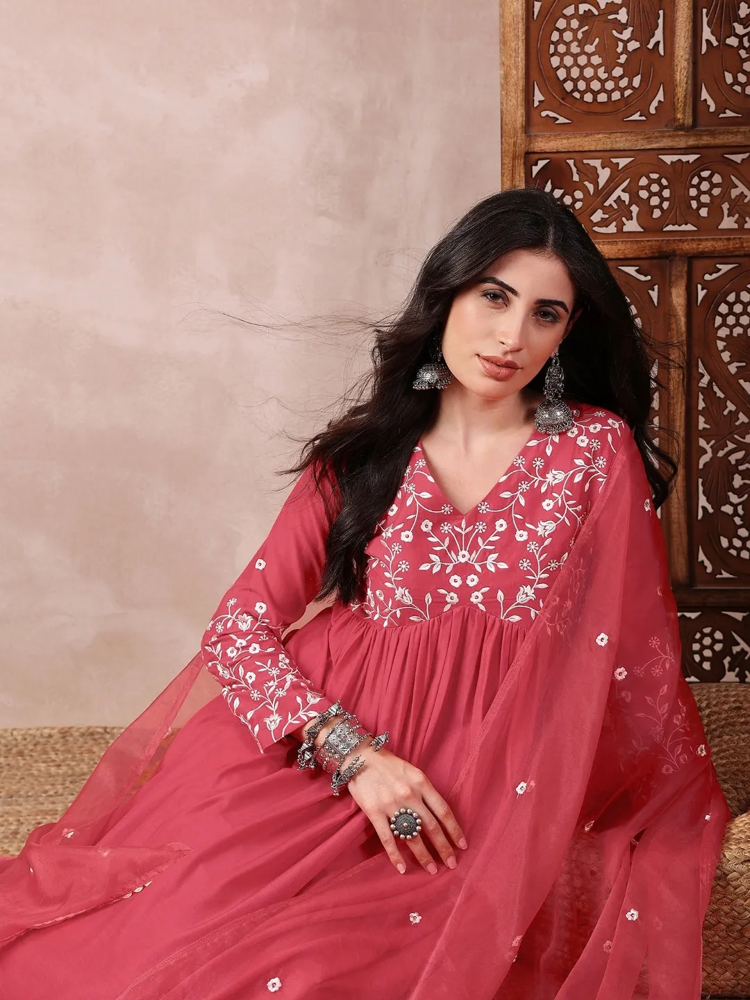 Women Red Cotton Blend Solid Embroidered A-Line Kurta Trouser With Dupatta