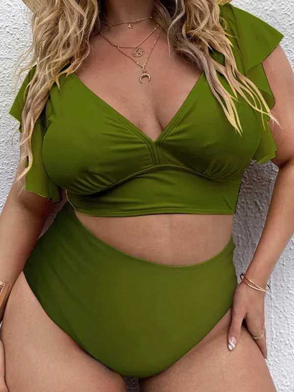 Women's Plus Size V-Neck Frill Sleeve Bikini Set