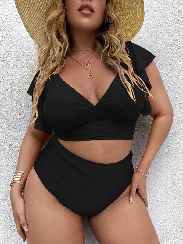 Women's Plus Size V-Neck Frill Sleeve Bikini Set