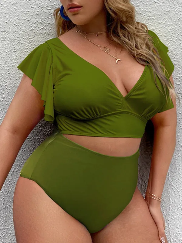 Women's Plus Size V-Neck Frill Sleeve Bikini Set