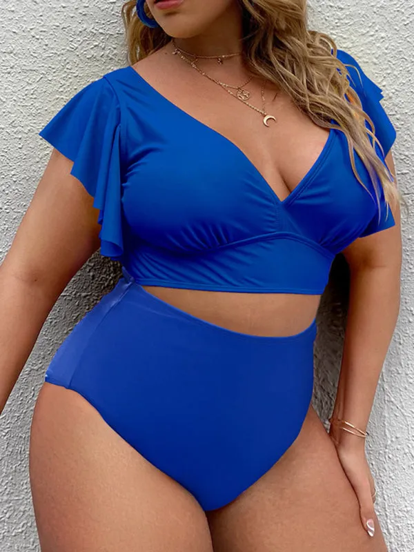 Women's Plus Size V-Neck Frill Sleeve Bikini Set